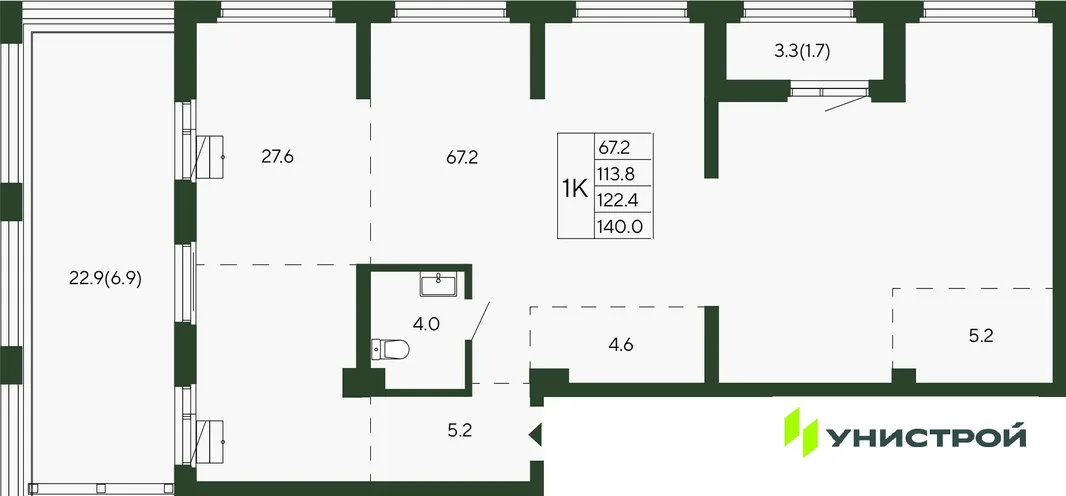 Планировка 1-комн. квартира, 122.4 м² ЖК «Парковый квартал 2.0»