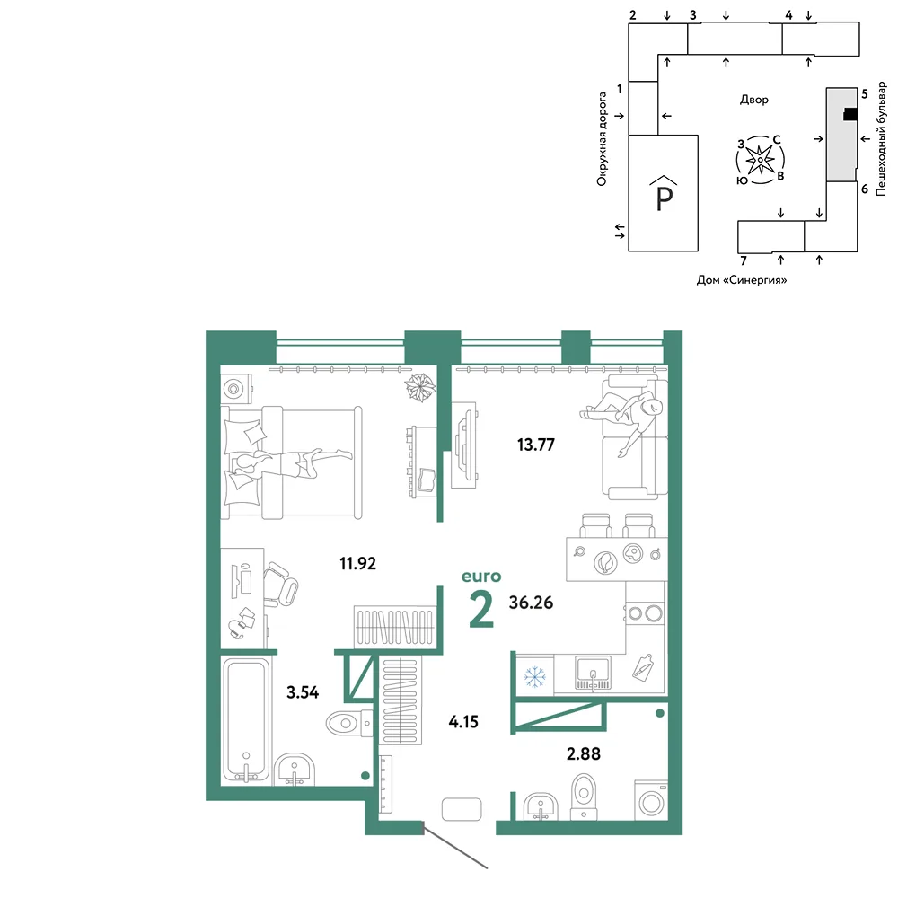 Планировка 2-комн. квартира, 36.26 м² ЖК «Юнион»