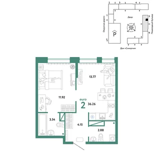 Планировка 2-комн. квартира, 36.26 м² ЖК «Юнион»
