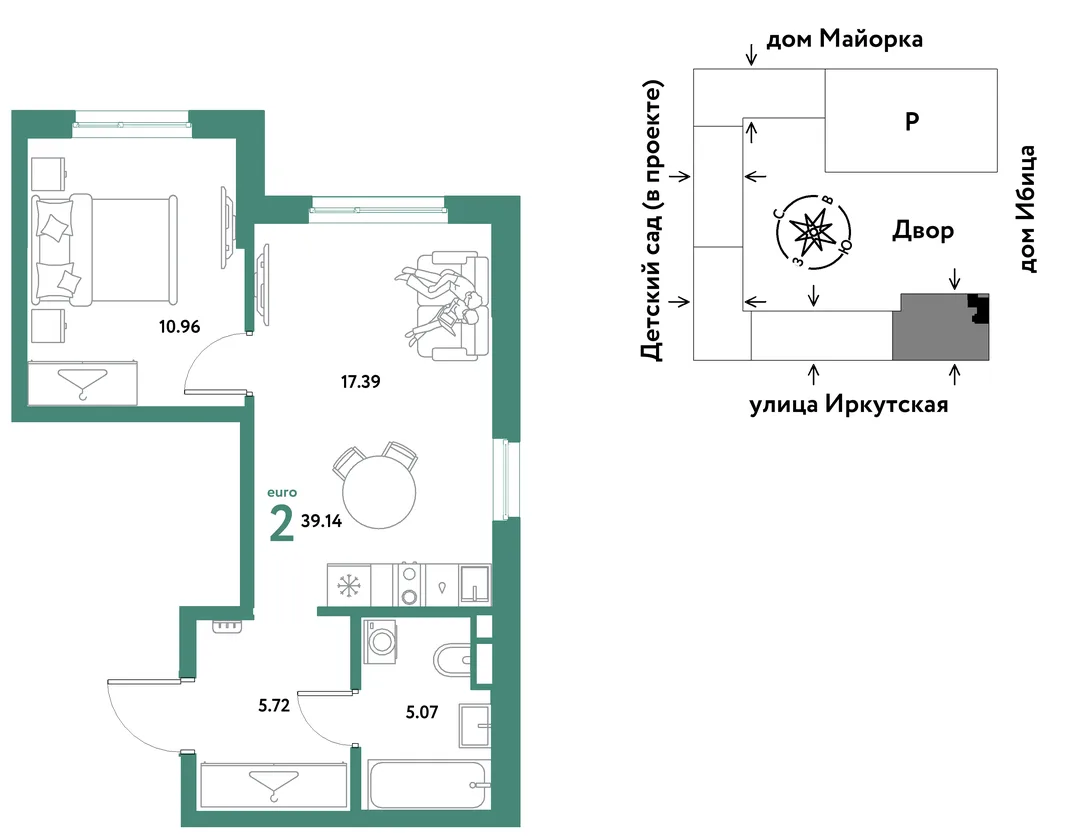 Планировка 2-комн. квартира, 39.14 м² ЖК «Остров-сад»