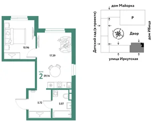 Планировка 2-комн. квартира, 39.14 м² ЖК «Остров-сад»