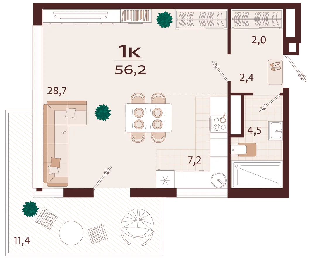 Планировка 1-комн. квартира, 56.2 м² ЖК «Роялта»