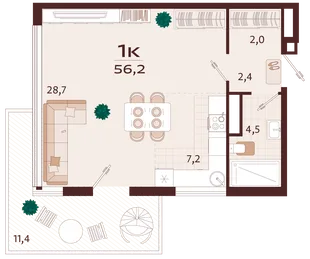 Планировка 1-комн. квартира, 56.2 м² ЖК «Роялта»