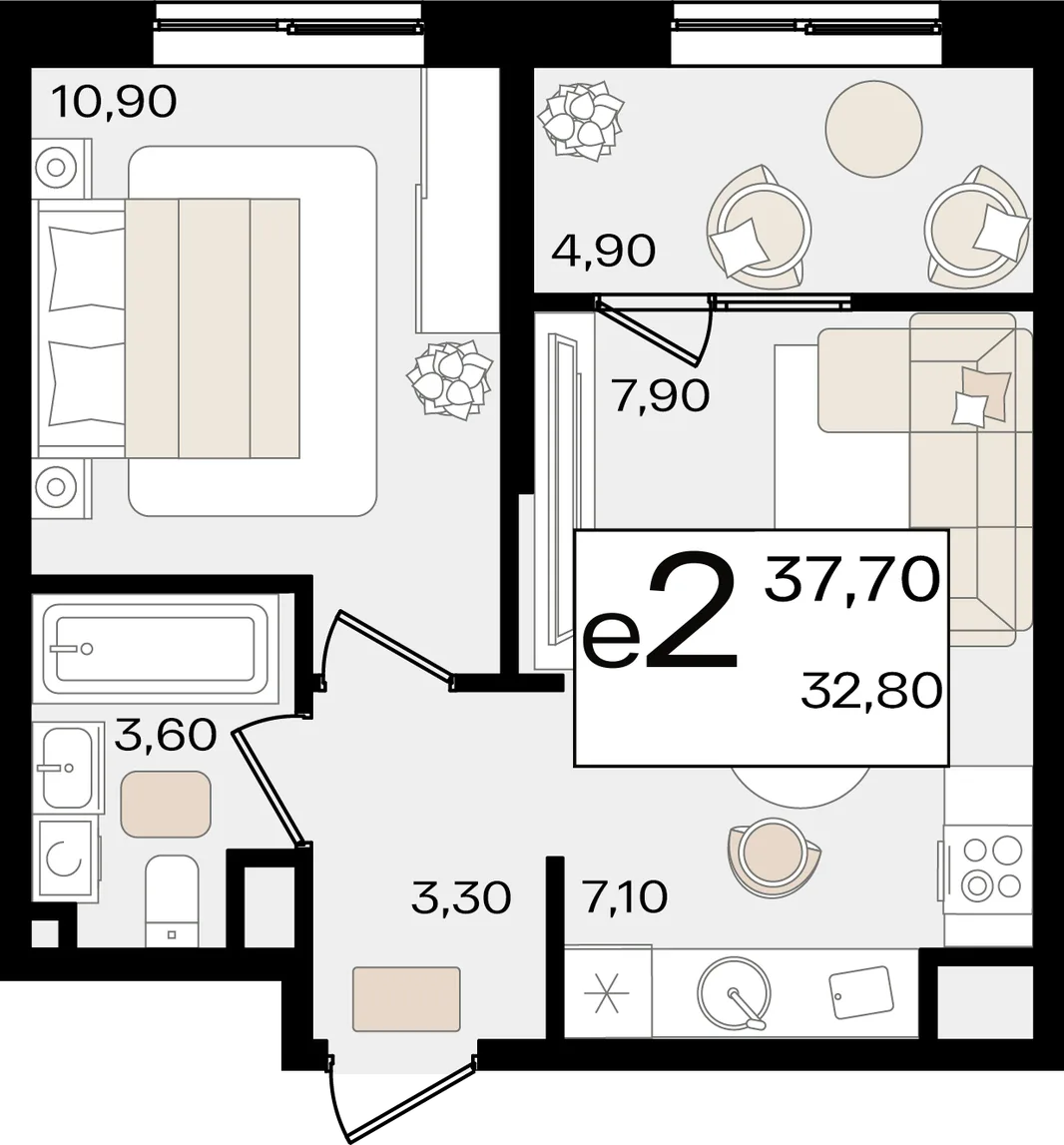 Планировка 2-комн. квартира, 37.7 м² ЖК «Патрики»