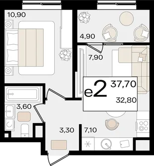 Планировка 2-комн. квартира, 37.7 м² ЖК «Патрики»