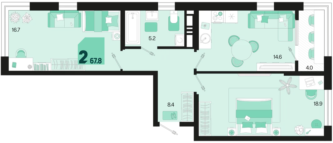 Планировка 2-комн. квартира, 67.8 м² ЖК «Первое место»