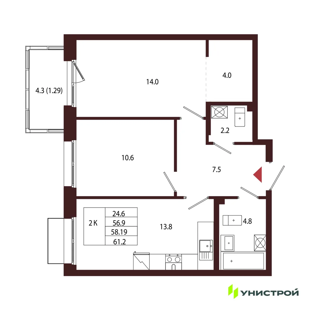 Планировка 2-комн. квартира, 58.19 м² ЖК «Лисино»