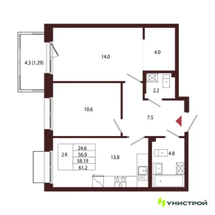 Планировка 2-комн. квартира, 58.19 м² ЖК «Лисино»