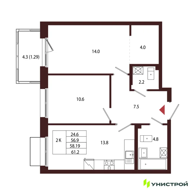 Планировка 2-комн. квартира, 58.19 м² ЖК «Лисино»