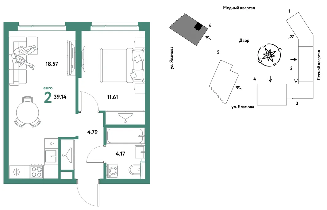 Планировка 2-комн. квартира, 39.14 м² ЖК «Сибирский сад»