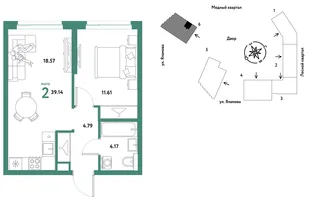 Планировка 2-комн. квартира, 39.14 м² ЖК «Сибирский сад»