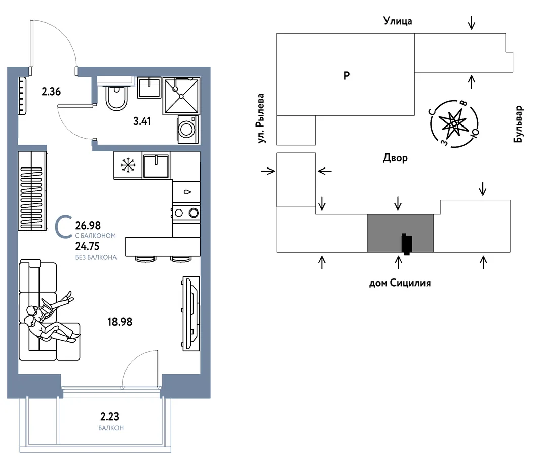Планировка Студия, 26.98 м² ЖК «Остров-сад»