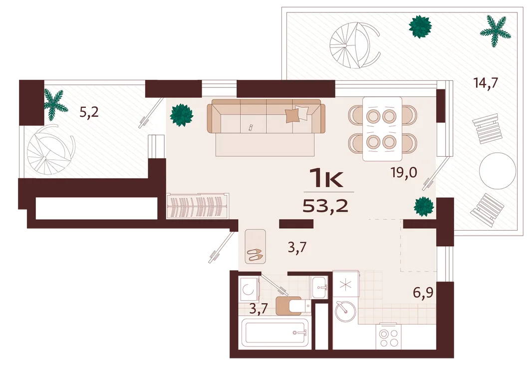 Планировка 1-комн. квартира, 53.2 м² ЖК «Роялта»