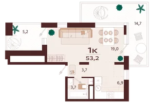Планировка 1-комн. квартира, 53.2 м² ЖК «Роялта»