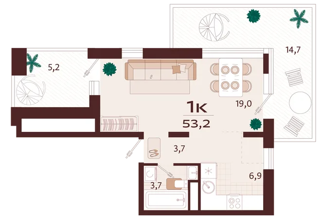 Планировка 1-комн. квартира, 53.2 м² ЖК «Роялта» Планировка 1-комн. квартира, 53.2 м² ЖК «Роялта»