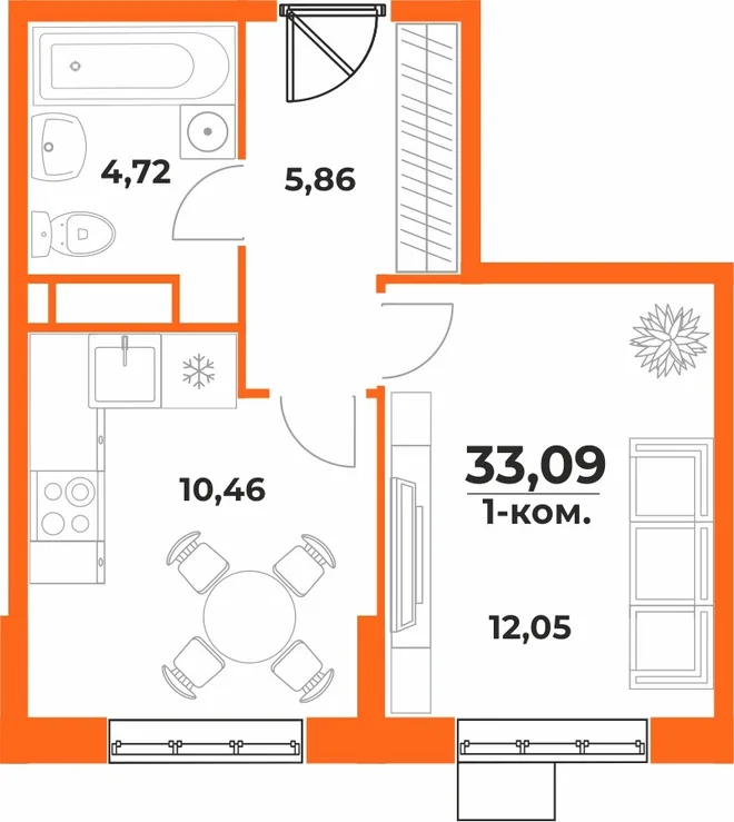 Планировка 1-комн. квартира, 33.09 м² ЖК «Живописный сад» Планировка 1-комн. квартира, 33.09 м² ЖК «Живописный сад»