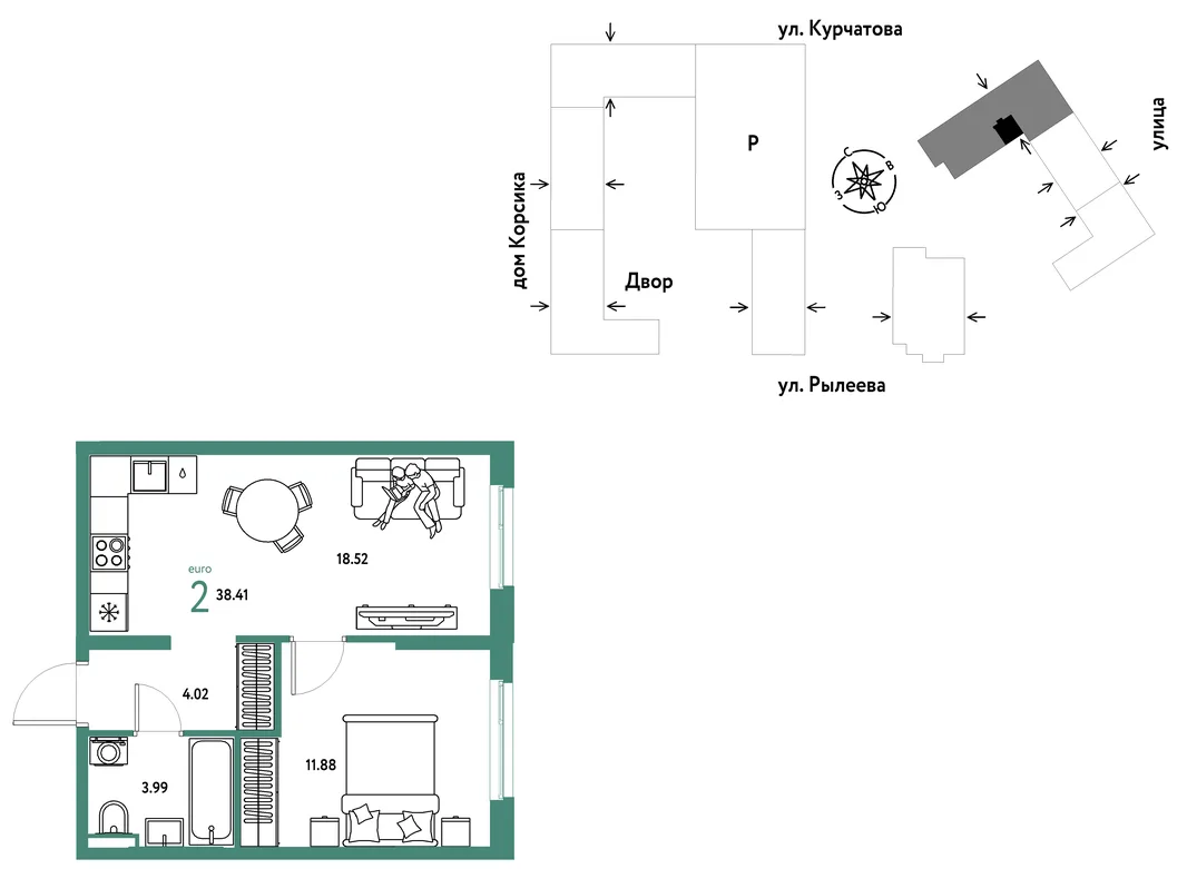 Планировка 2-комн. квартира, 38.59 м² ЖК «Остров-сад»