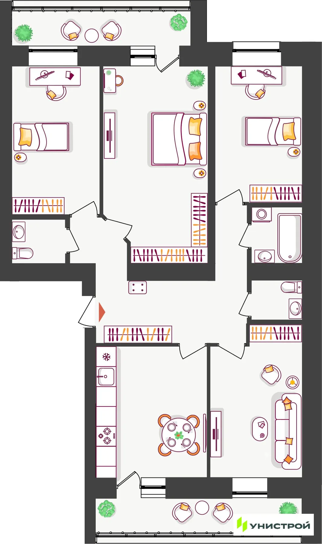 Планировка 4-комн. квартира, 94.84 м² ЖК «Южный бульвар 2»