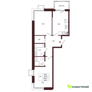 Планировка 2-комн. квартира, 62.17 м² ЖК «Лисино»