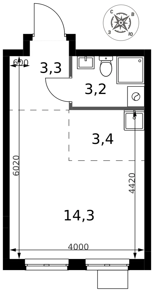 Планировка Студия, 24.2 м² ЖК «1-й Донской»