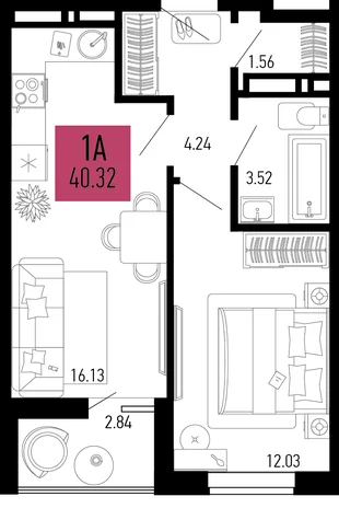 Планировка 1-комн. квартира, 40.32 м² ЖК «Столицыно»