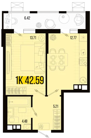 Планировка 1-комн. квартира, 39.38 м² ЖК «Цветной бульвар»