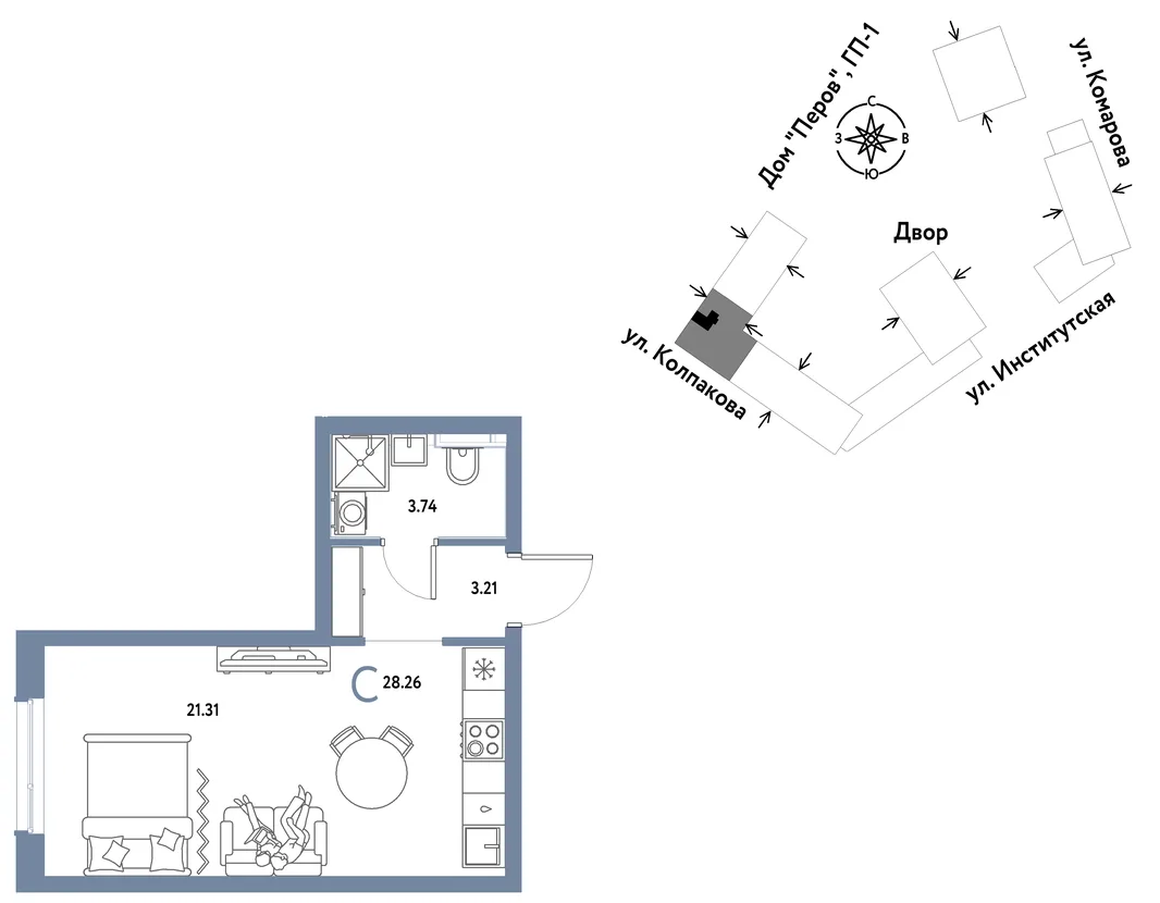 Планировка Студия, 28.26 м² ЖК «Страна.Парковая»