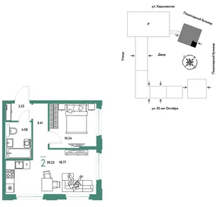 Планировка 2-комн. квартира, 39.23 м² ЖК «Сердце Сибири»