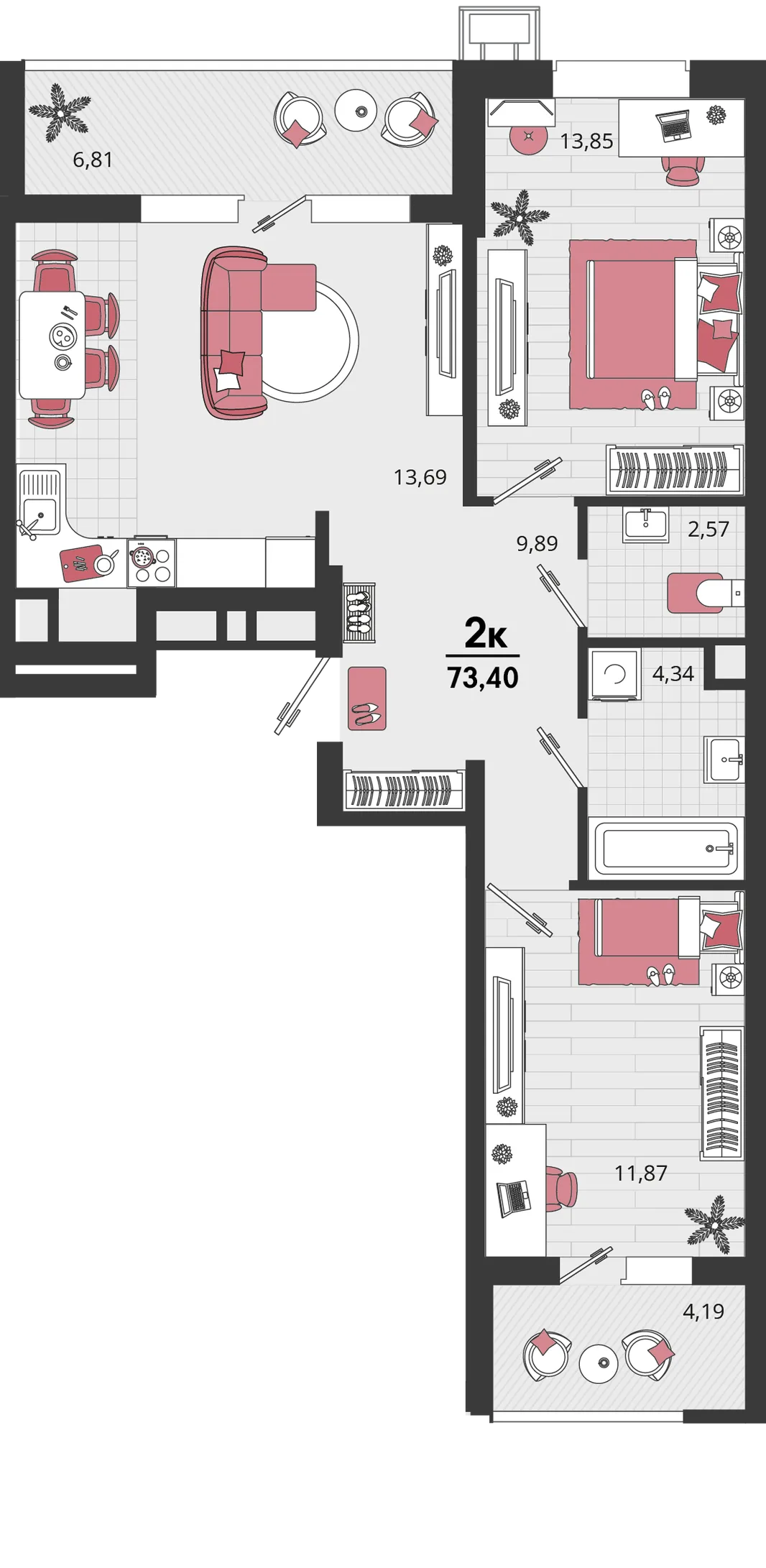 Планировка 3-комн. квартира, 71.31 м² ЖК «Родные просторы»