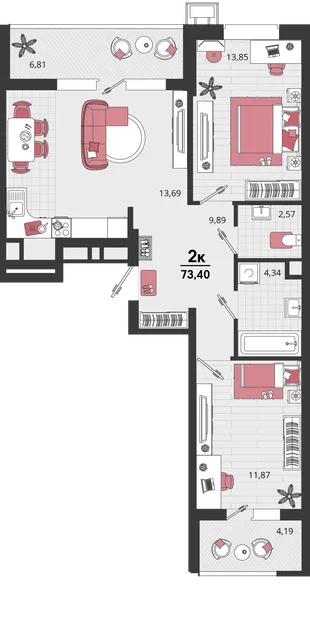 Планировка 3-комн. квартира, 71.31 м² ЖК «Родные просторы»