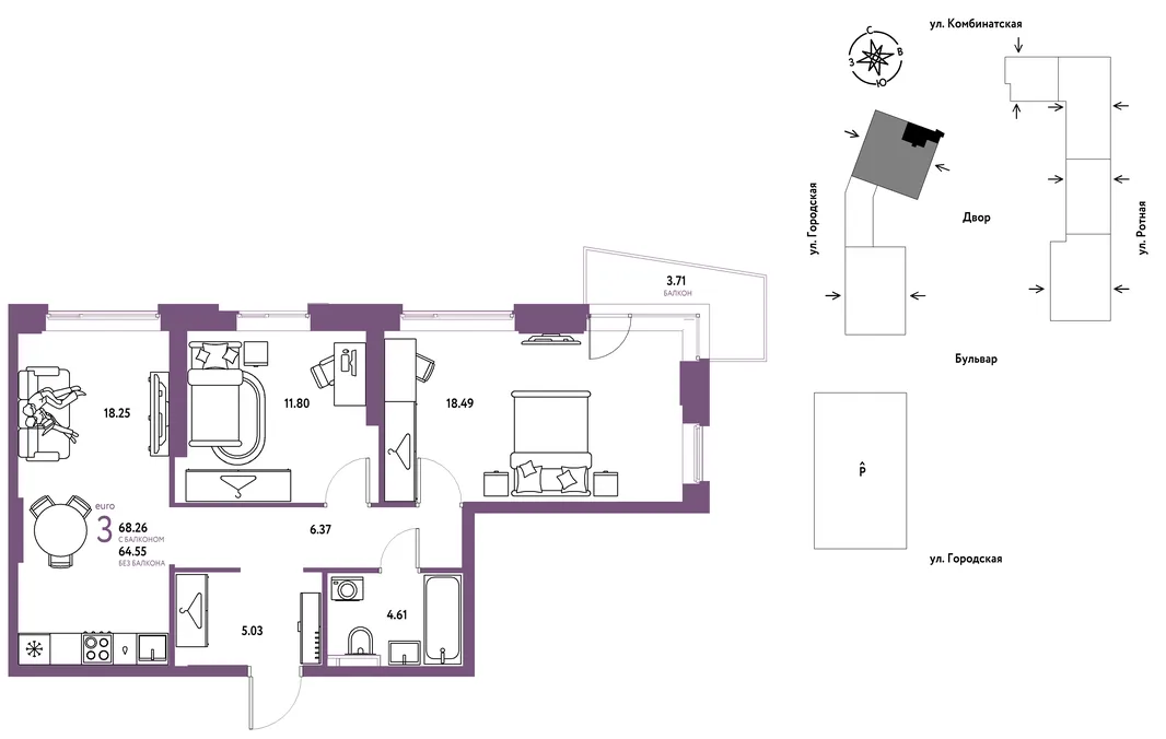 Планировка 3-комн. квартира, 68.26 м² ЖК «Уральский сад»