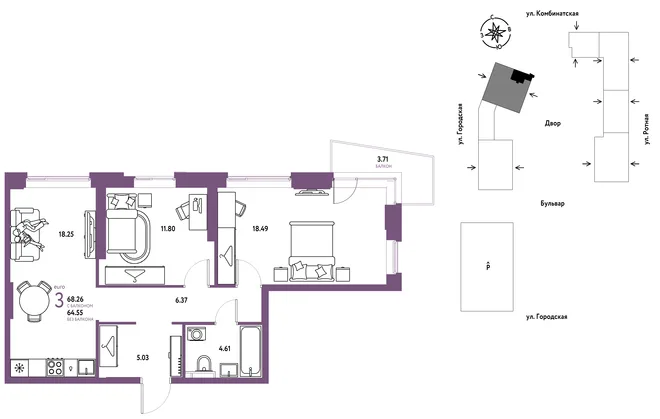 Планировка 3-комн. квартира, 68.26 м² ЖК «Уральский сад» Планировка 3-комн. квартира, 68.26 м² ЖК «Уральский сад»