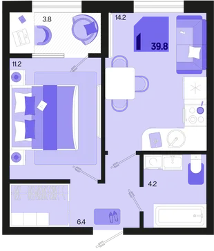 Планировка 1-комн. квартира, 39.8 м² ЖК «Первое место»