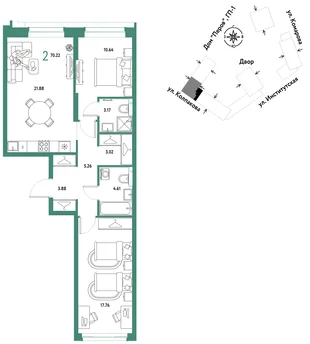 Планировка 2-комн. квартира, 70.22 м² ЖК «Страна.Парковая»