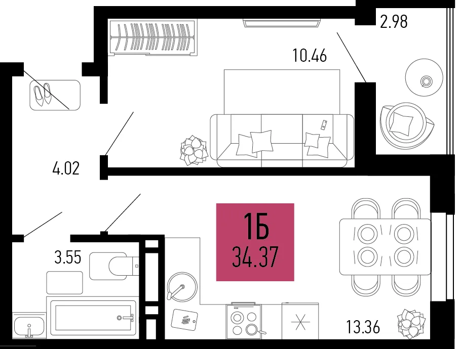 Планировка 1-комн. квартира, 34.37 м² ЖК «Столицыно»