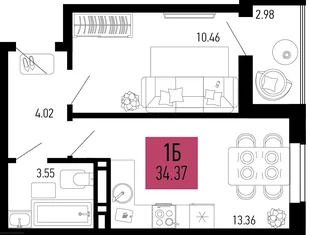 Планировка 1-комн. квартира, 34.37 м² ЖК «Столицыно»