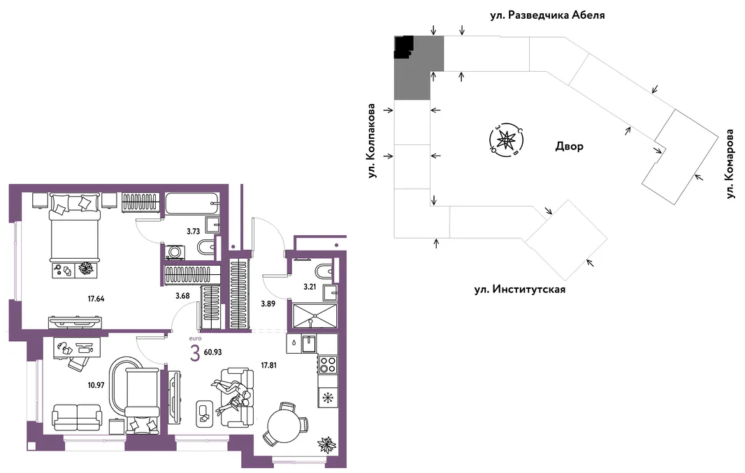 Планировка 3-комн. квартира, 60.93 м² ЖК «Страна.Парковая»