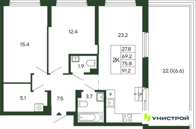 Планировка 2-комн. квартира, 75.8 м² ЖК «Парковый квартал 2.0» Планировка 2-комн. квартира, 75.8 м² ЖК «Парковый квартал 2.0»