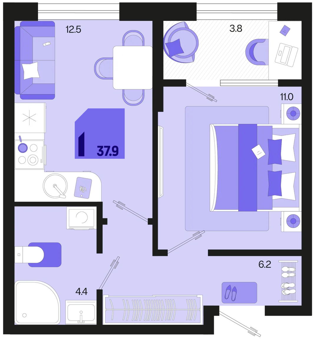Планировка 1-комн. квартира, 37.9 м² ЖК «Первое место»