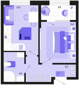 Планировка 1-комн. квартира, 37.9 м² ЖК «Первое место»