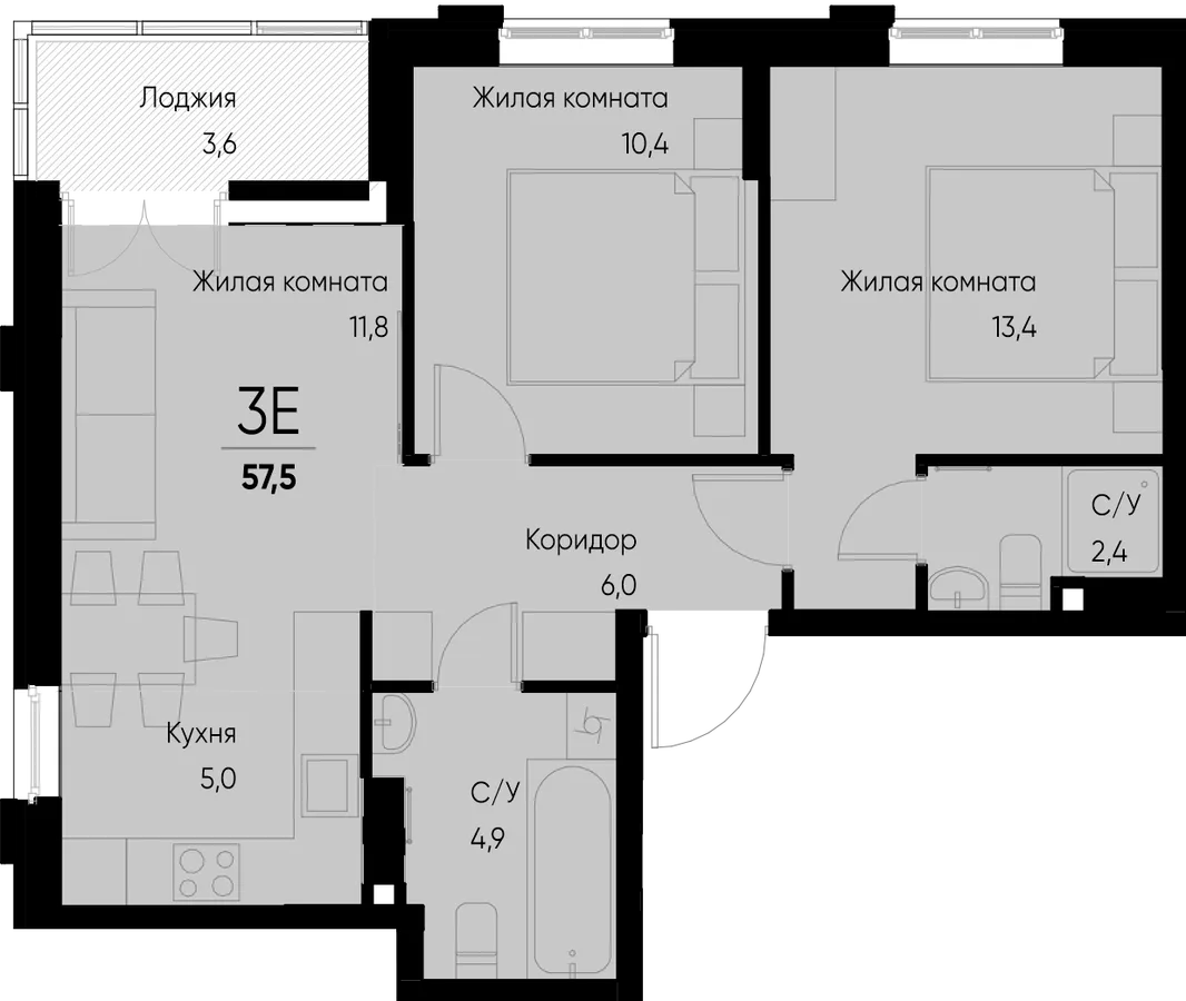 Планировка 3-комн. квартира, 57.5 м² ЖК «Васильевский остров»