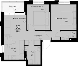 Планировка 3-комн. квартира, 57.5 м² ЖК «Васильевский остров»