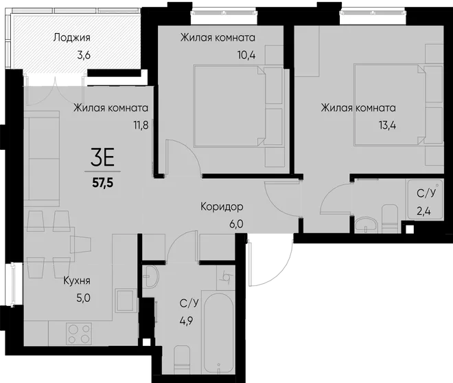 Планировка 3-комн. квартира, 57.5 м² ЖК «Васильевский остров» Планировка 3-комн. квартира, 57.5 м² ЖК «Васильевский остров»