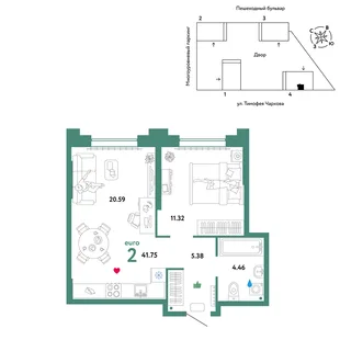 Планировка 2-комн. квартира, 41.75 м² ЖК «Микрорайон Звездный»