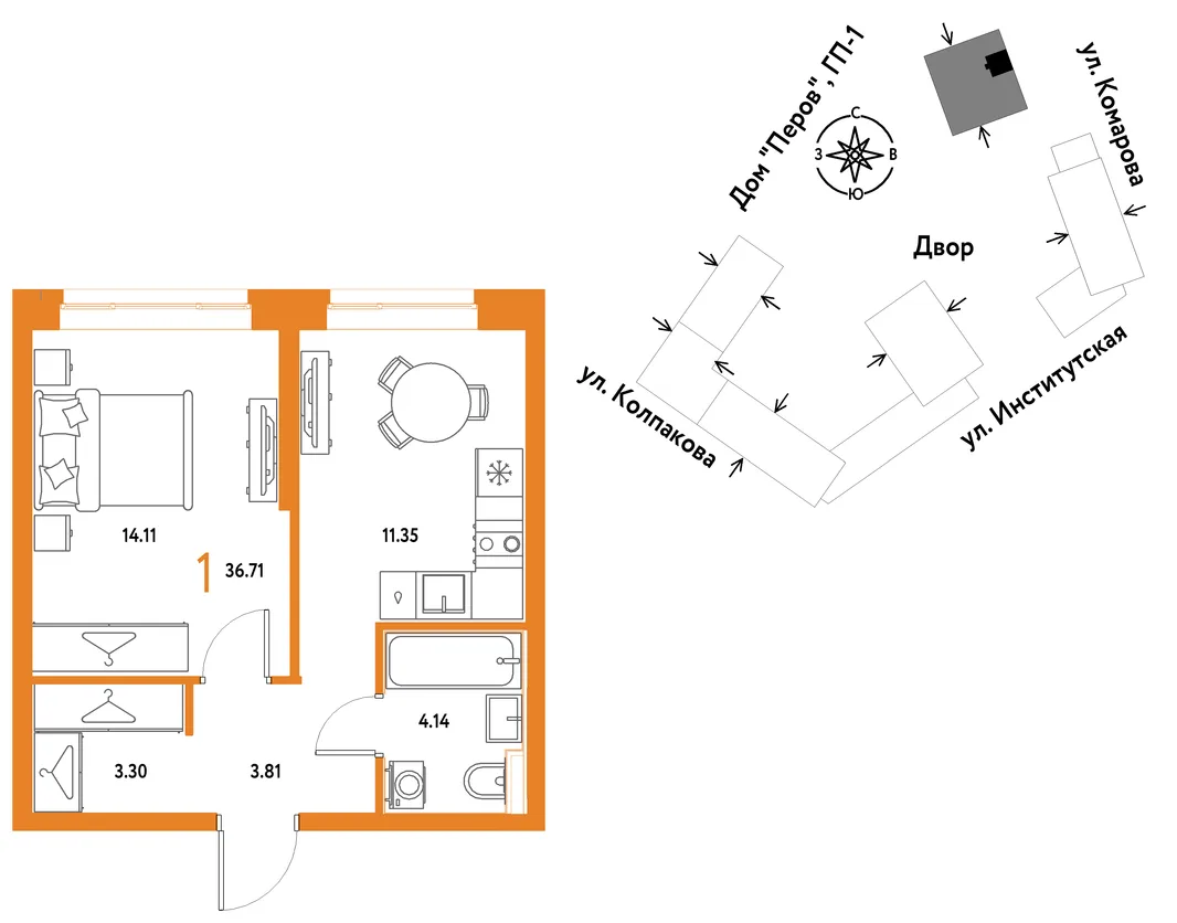 Планировка 1-комн. квартира, 36.71 м² ЖК «Страна.Парковая»