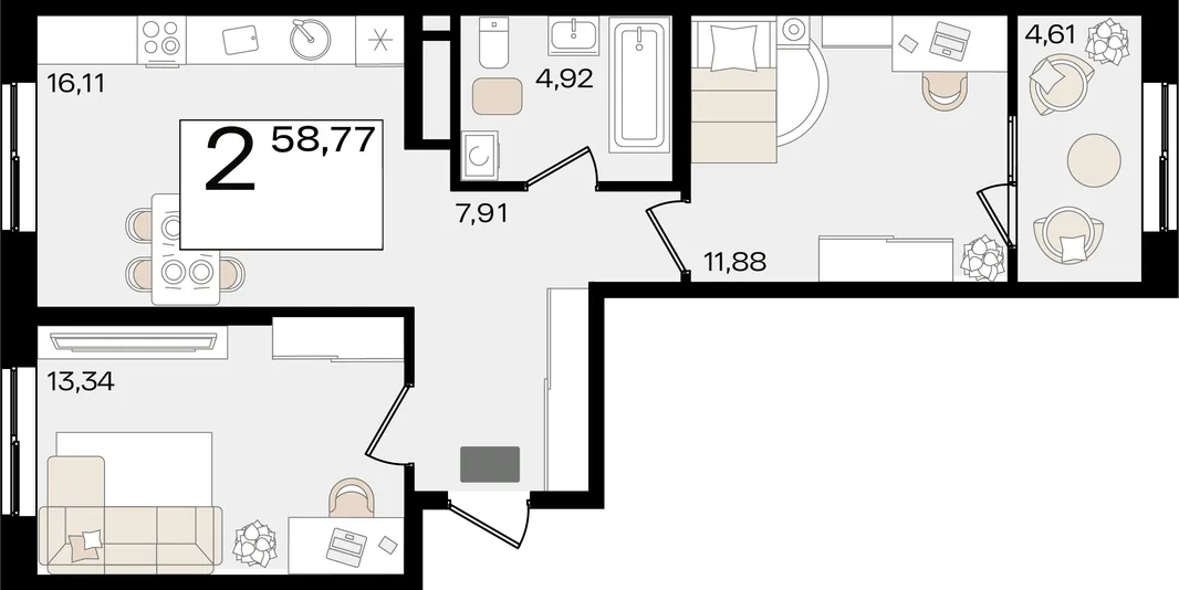 Планировка 2-комн. квартира, 58.77 м² ЖК «Патрики»