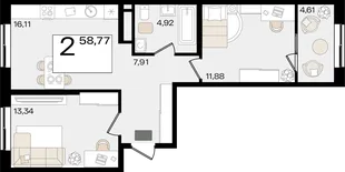 Планировка 2-комн. квартира, 58.77 м² ЖК «Патрики»
