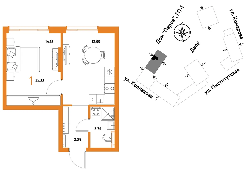 Планировка 1-комн. квартира, 35.33 м² ЖК «Страна.Парковая»