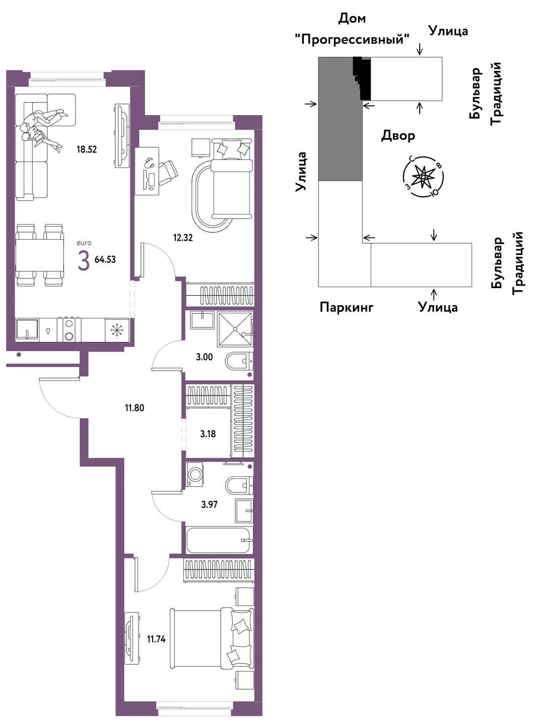 Планировка 3-комн. квартира, 64.53 м² ЖК «Микрорайон Домашний»