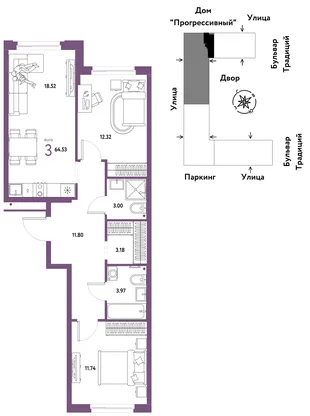 Планировка 3-комн. квартира, 64.53 м² ЖК «Микрорайон Домашний»